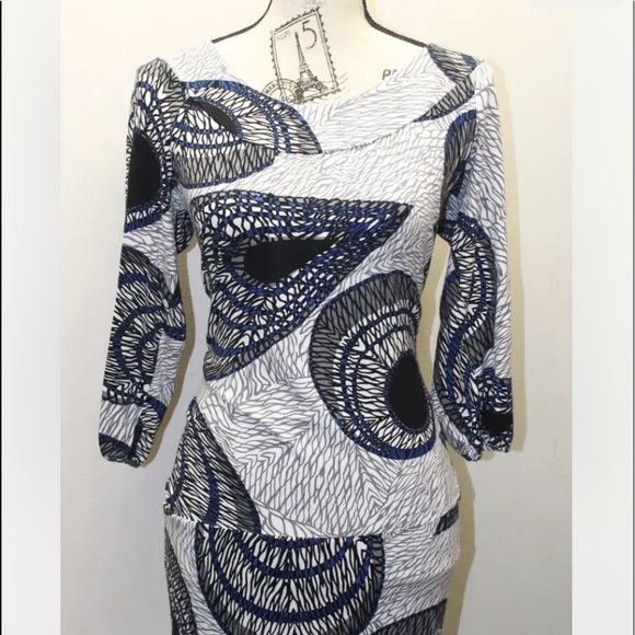 BCBG Max Azria Women Shirt Dress Long Sleeve Graphic Print White Blue Fitted XS - Picture 5 of 12